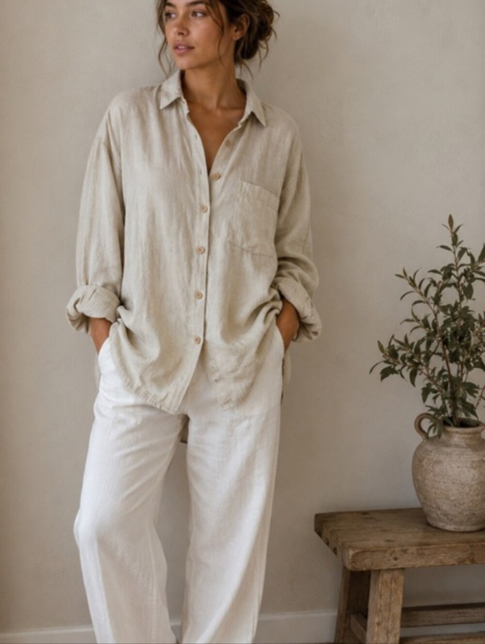 Mate the Label Relaxed Linen Button-Up Shirt in Natural Beige XS